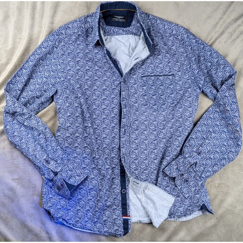 Across The Pond Diamond Button Down Long Sleeve Blue Dress Shirt Mens SZ: M